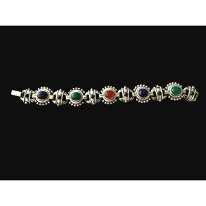 Vintage Multi-Stone Silver-Tone Bracelet  Orange Green & Blue Accents